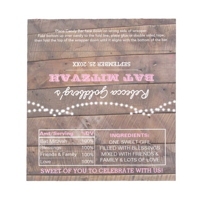 Bloco De Notas Barnwood Lights Pink Bat Mitzvah Candy Wrappers (Frente)