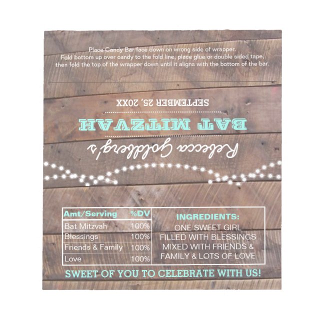 Bloco De Notas Barnwood Lights Teal Bat Mitzvah Candy Wrappers (Frente)