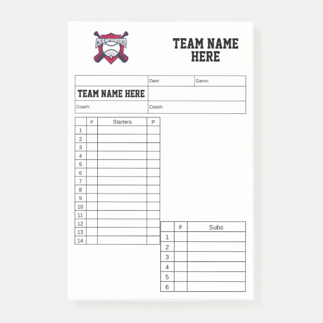 Bloco De Notas Baseball Lineup Cards (Frente)