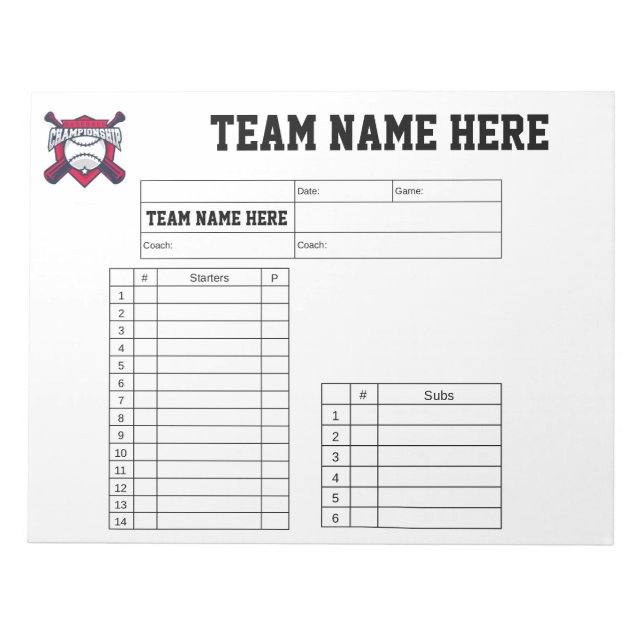 Bloco De Notas Baseball Lineup Cards (Frente)