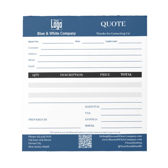 Bloco De Notas Basic Professional Service Business Blue Quote  (Frente)