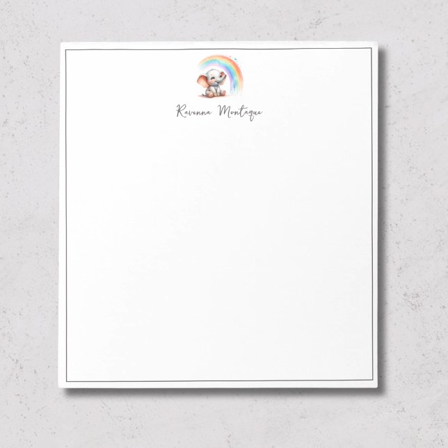 Bloco De Notas Bebê Elefante Arco-íris Nome Berçário Pastel Fofo (Criador carregado)