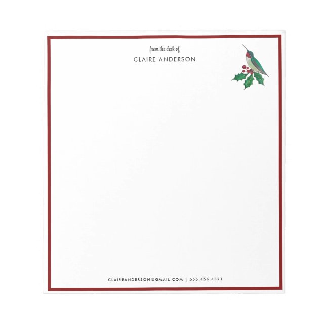 Bloco De Notas Beija-flor de Natal Personalizado  (Frente)