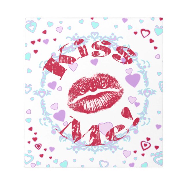 Bloco De Notas Beije Me! Lábios Vermelhos Com Corações (Frente)