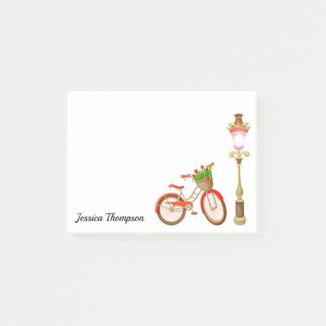 Bloco De Notas Bicicleta Com Cesta De Flores, Notas De Posto (Frente)