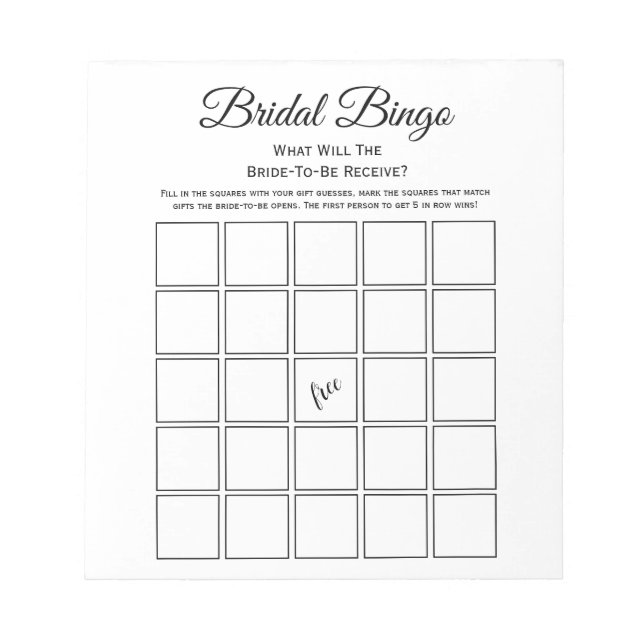 Bloco De Notas Bingo de Chá de Noiva Branco Universal Jogo de Fes (Frente)