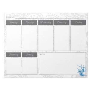 Bloco De Notas Bird Azul e Padrão Floral Calendário Semanal