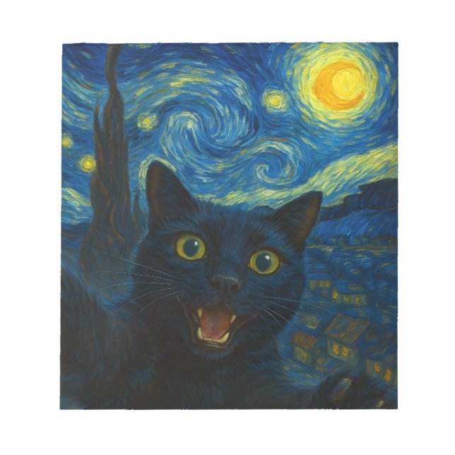 Bloco De Notas Black Cat Starry Night Van Gogh Cat Selfie (Frente)