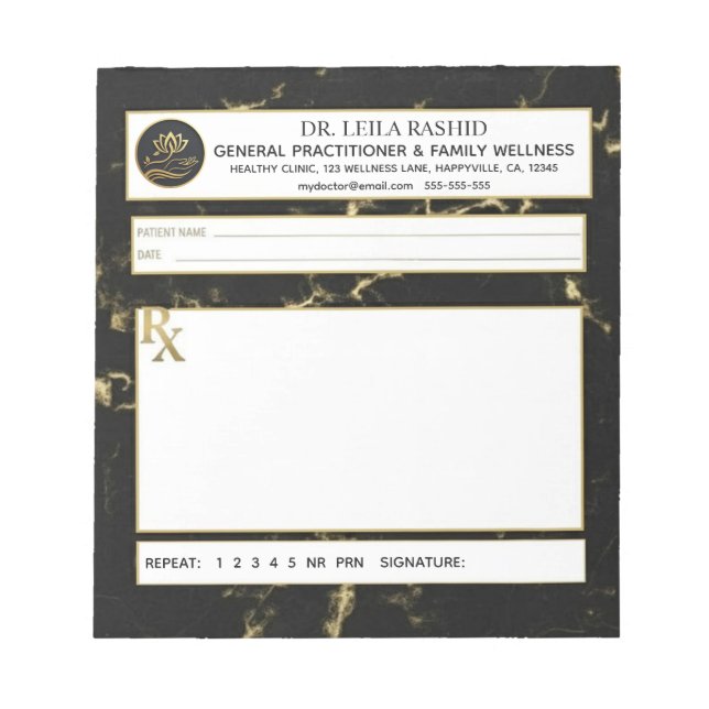 Bloco De Notas Black & Gold Faux Marble Doctor Prescription (Frente)