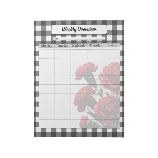 Bloco De Notas Black n White Floral Gingham_ Weekly Visão geral (Invertido)