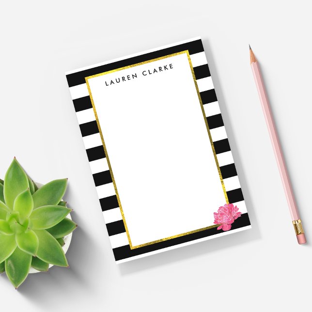 Bloco De Notas Black Stripe & Pink Peony Personalizado (Criador carregado)