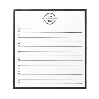 Bloco De Notas Black White Monogram Name Checklist 5.5" x 6"