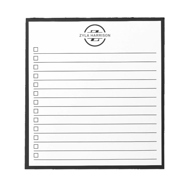Bloco De Notas Black White Monogram Name Checklist 5.5" x 6" (Frente)