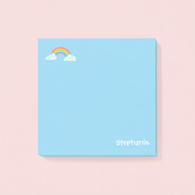 Bloco De Notas Blocos de Notas Personalizados com Arco-íris e Nom (Cute blue personalized post-it notes with a name and rainbow.)