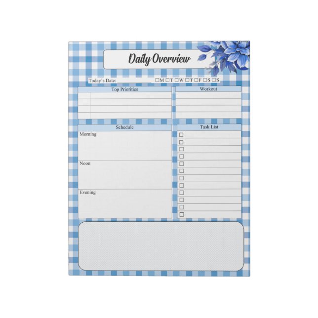 Bloco De Notas Blue Floral Gingham_ Diário Visão Geral (Invertido)