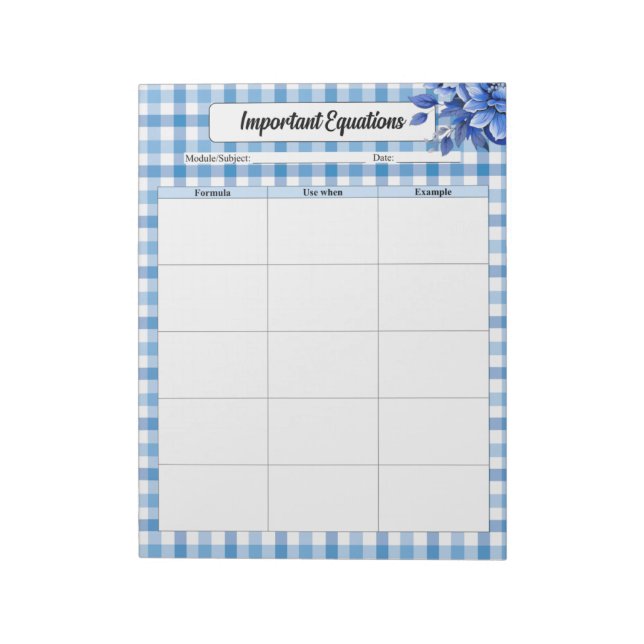 Bloco De Notas Blue Floral Gingham _ Equações importantes (Invertido)