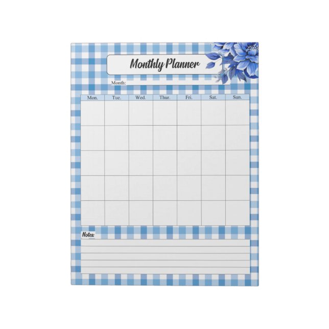Bloco De Notas Blue Floral Gingham _ Planejador Mensal (Invertido)