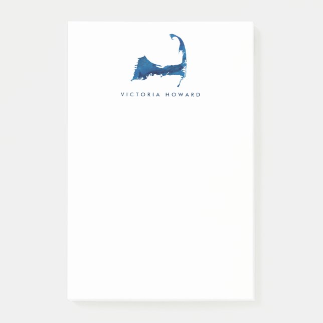 Bloco De Notas Blue Watercolor Cape Cod Map Monograma Pessoal (Frente)