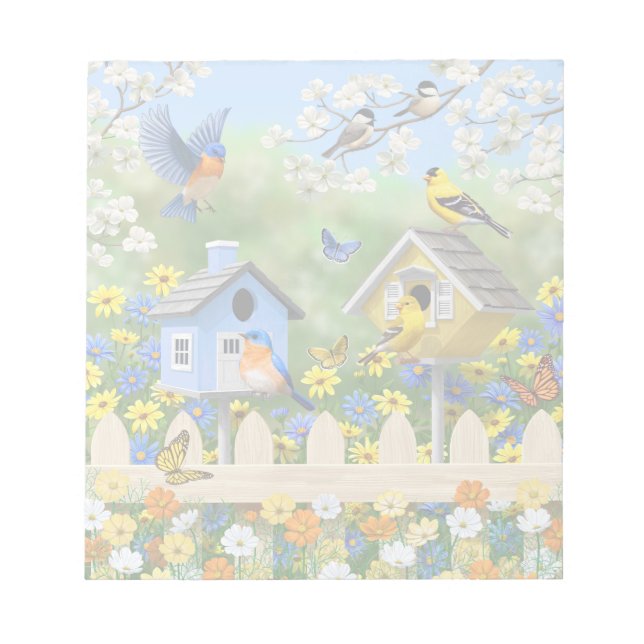 Bloco De Notas Bluebird Goldfinches Birdhouses Fllower Garden (Frente)