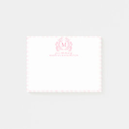 Bloco De Notas Blush Pink Gingham Floral Crest Monogram