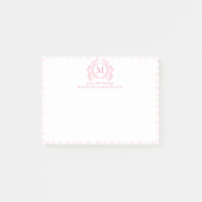Bloco De Notas Blush Pink Gingham Floral Crest Monogram (Frente)