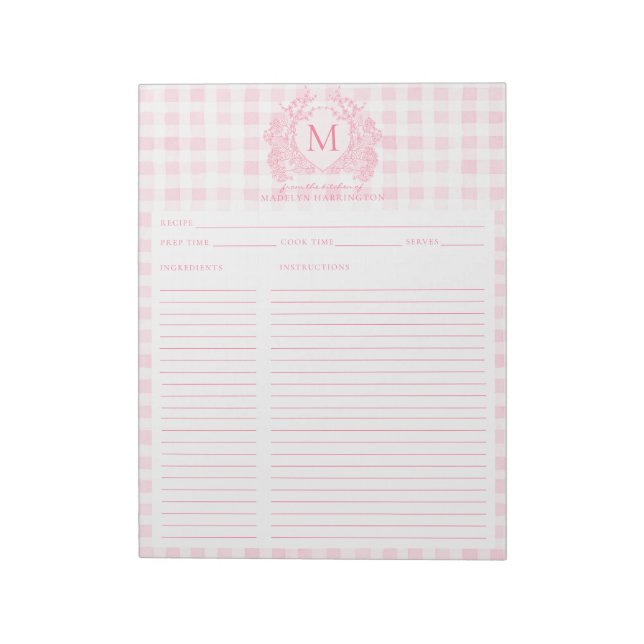 Bloco De Notas Blush Pink Gingham Floral Crest Monogram Recipe (Invertido)