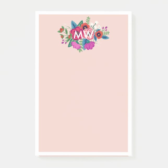 Bloco De Notas Blush Purple Boho Florals Monograma Branco (Frente)