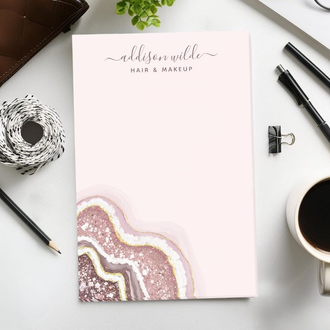 Bloco De Notas Blush Rosa Brilho em Ouro Rosa Geodo de Ágata Empr (Criador carregado)