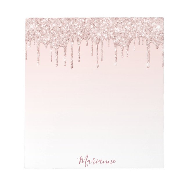 Bloco De Notas Blush rosa dourado com gotejamento de glitter nome (Frente)