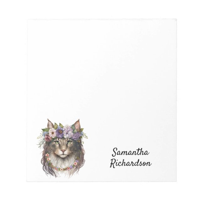 Bloco De Notas Boho Cat Personalizado Watercolor Floral (Frente)