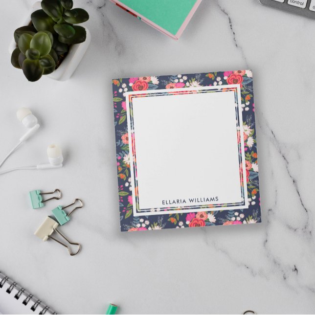 Bloco De Notas Boho Floral Patterno - Marinho Azul - Nome (Criador carregado)