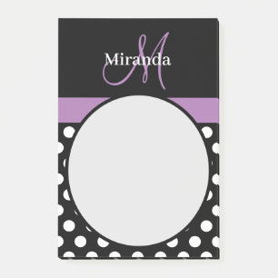 Bloco De Notas Bolinhas branca preta do monograma roxo