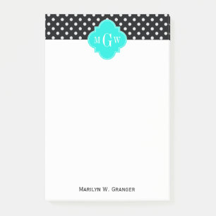Bloco De Notas Bolinhas brancas pretas Aqua Quatrefoil 3 monogram