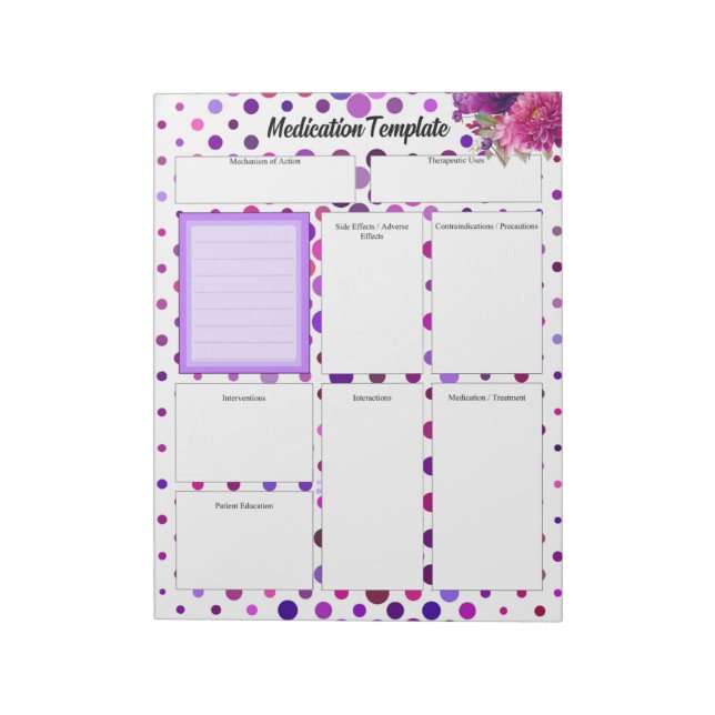 Bloco De Notas Bolinhas de Roxo Floral - Modelo de Medicação (Invertido)
