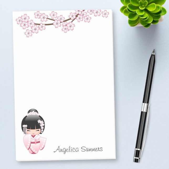 Bloco De Notas Boneca Kawaii Kokeshi de Quimono Rosa (Criador carregado)