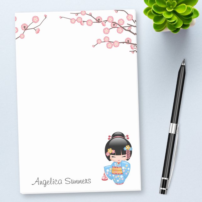 Bloco De Notas Boneca Maiko Kokeshi - Rapariga Kimono Geisha Azul (Criador carregado)