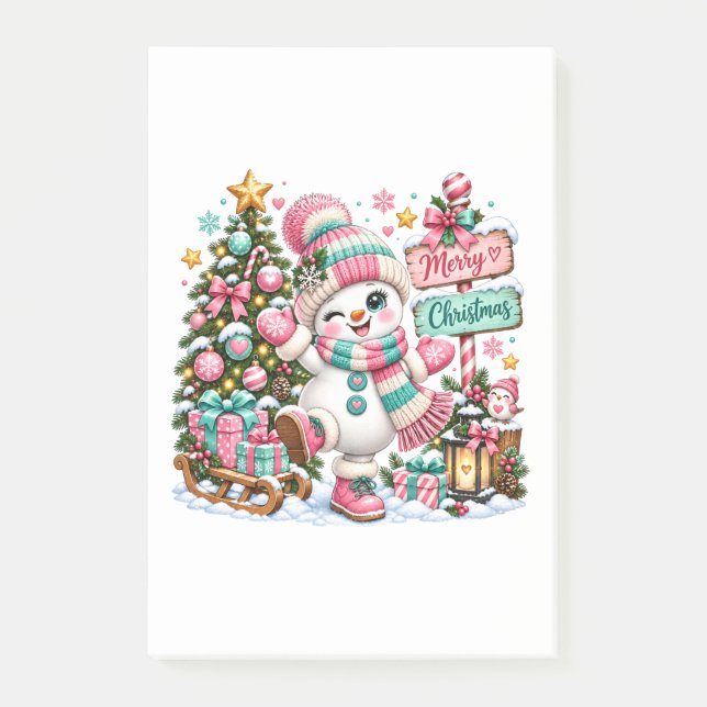 Bloco De Notas Boneco de Neve de Natal Rosa Fofo (Frente)