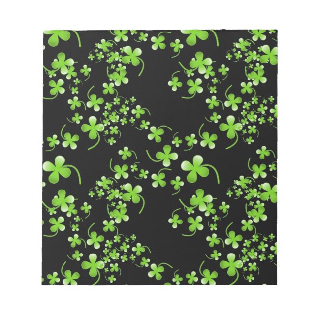 Bloco De Notas Bonito padrão Shamrock, verde no acessório preto (Frente)