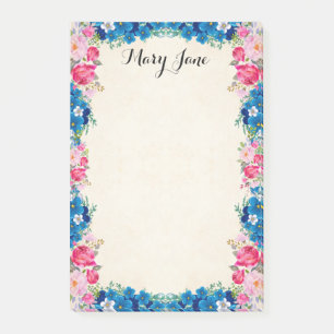 Bloco De Notas Bonito Rosas Rosa E Flores Azuis Personalizadas