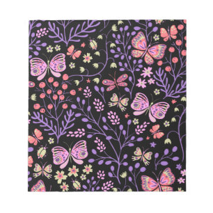 Bloco De Notas Borboleta Colorida E Flores Rosa