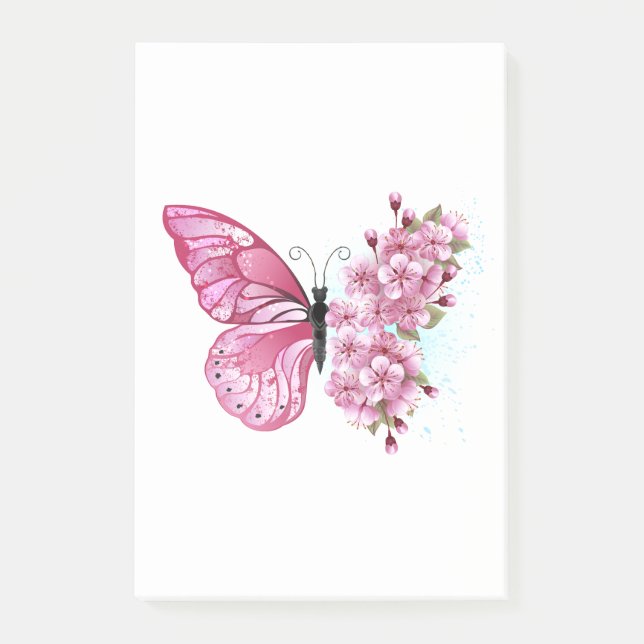 Bloco De Notas Borboleta Flor com Sakura Rosa (Frente)