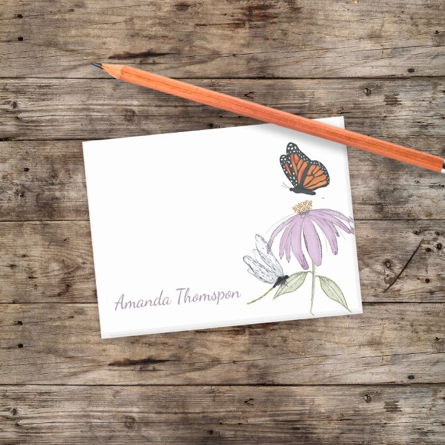 Bloco De Notas Borboleta Flor Roxa e Libélula Personalizado (Botanical garden post it notes with purple cone flower, butterfly, and dragonfly)
