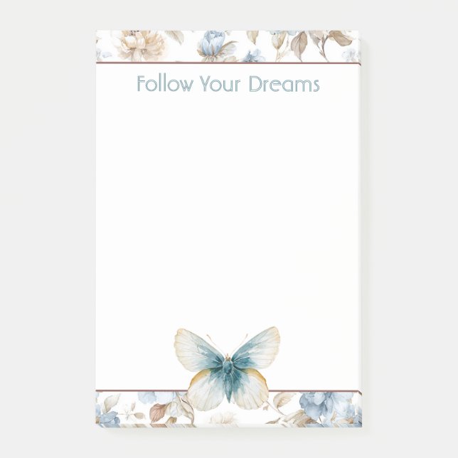 Bloco De Notas Borboleta Flores Marrom Bege Creme Azul (Frente)