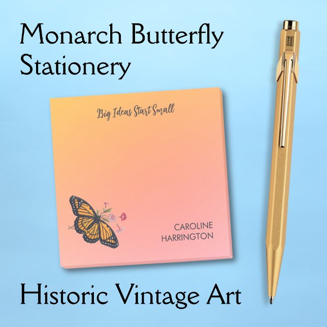 Bloco De Notas Borboleta Monarca Laranja Dourada Inspiradora (These elegant Post-It notes feature a Victorian butterfly against a golden sunrise.)