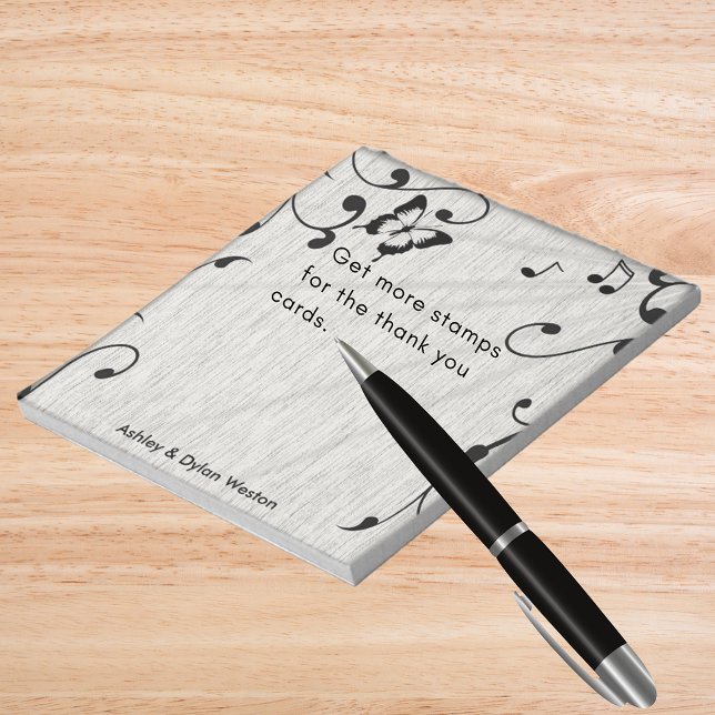 Bloco De Notas Borboleta Musical Deixa Cinzas E Casamento De Made (Music Butterfly Leaves Gray & Black Wood Wedding Notepad)
