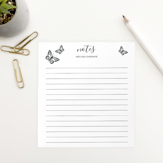 Bloco De Notas Borboletas Pretas Com Nome Personalizável Linhadas (Criador carregado)