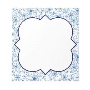 Bloco De Notas Borda Floral Azul e Branco, Vazio