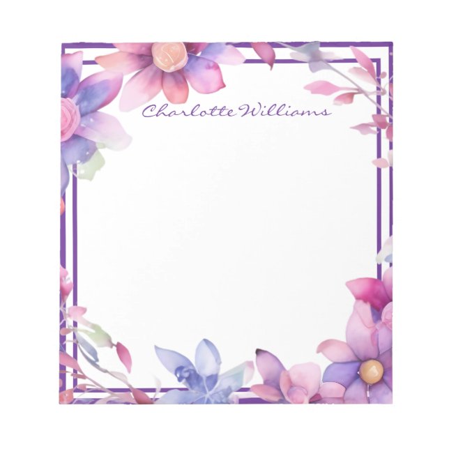 Bloco De Notas Borda Floral de Aquarela Personalizada (Frente)