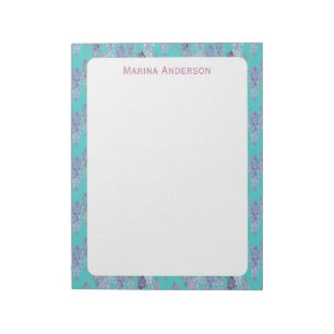Bloco De Notas Borda floral turquesa elegante Nome Personalizado