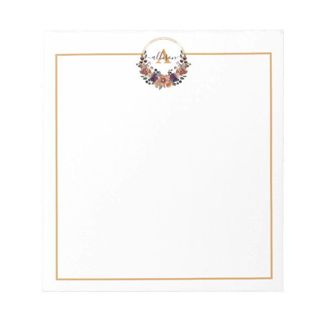 Bloco De Notas Borgonha e estrutura floral dourada personalizada (Frente)